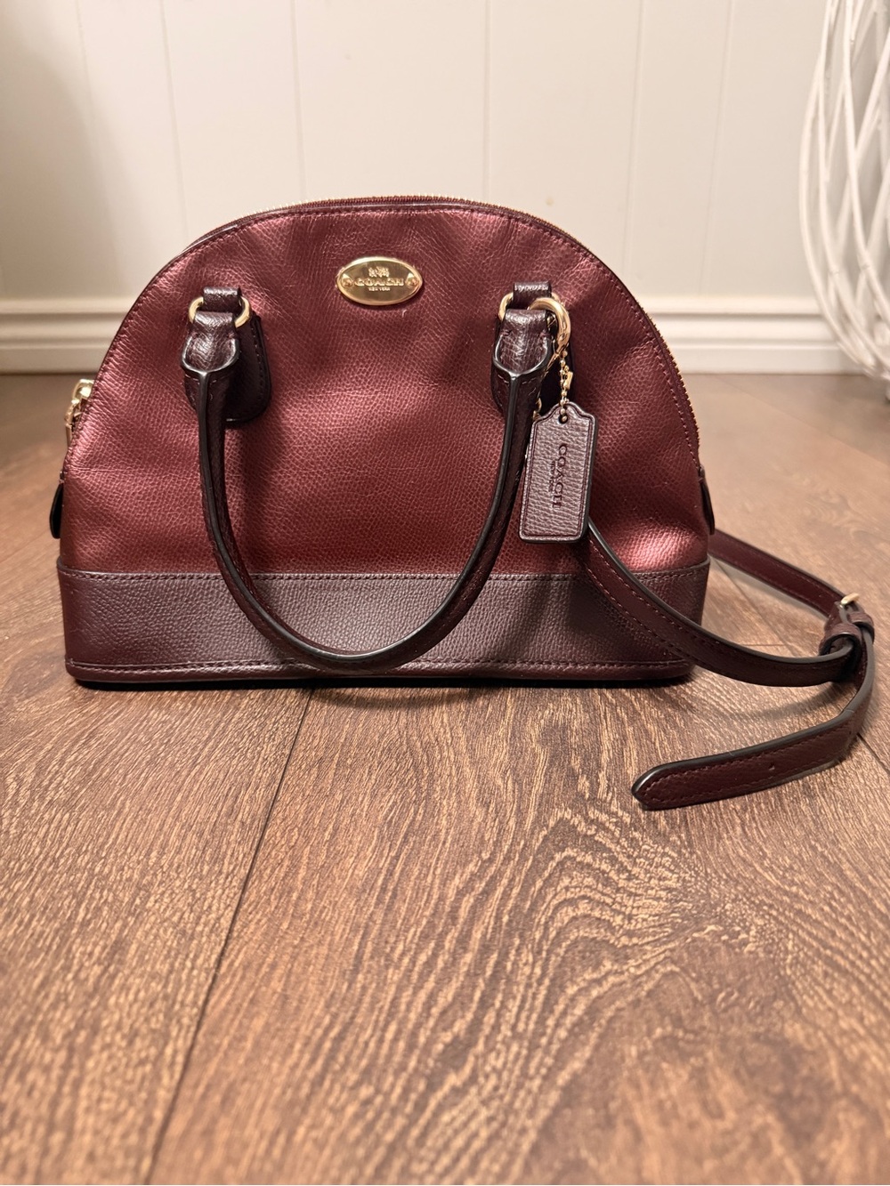 Coach Metallic Burgundy Leather Dome Satchel Crossbody Bag